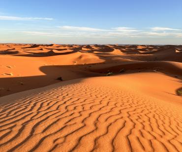 Dunes dorées de l’Erg Chigaga au coucher du soleil – aventure saharienne lors du voyage de 8 jours au Maroc